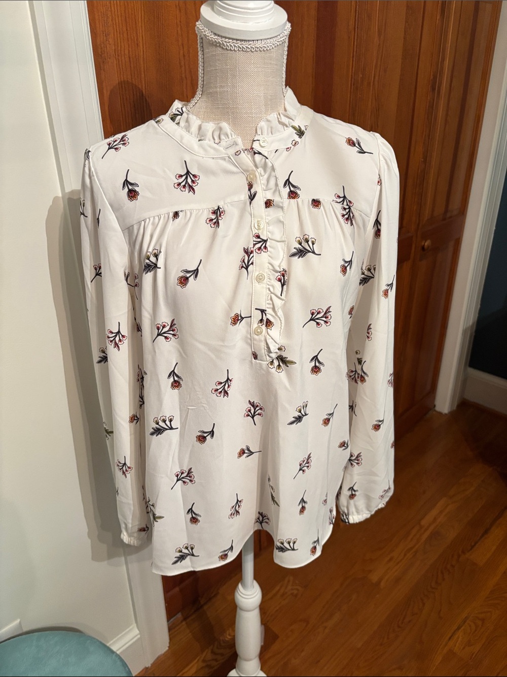 LOFT Cream Floral Ruffle Henley Button-Down
